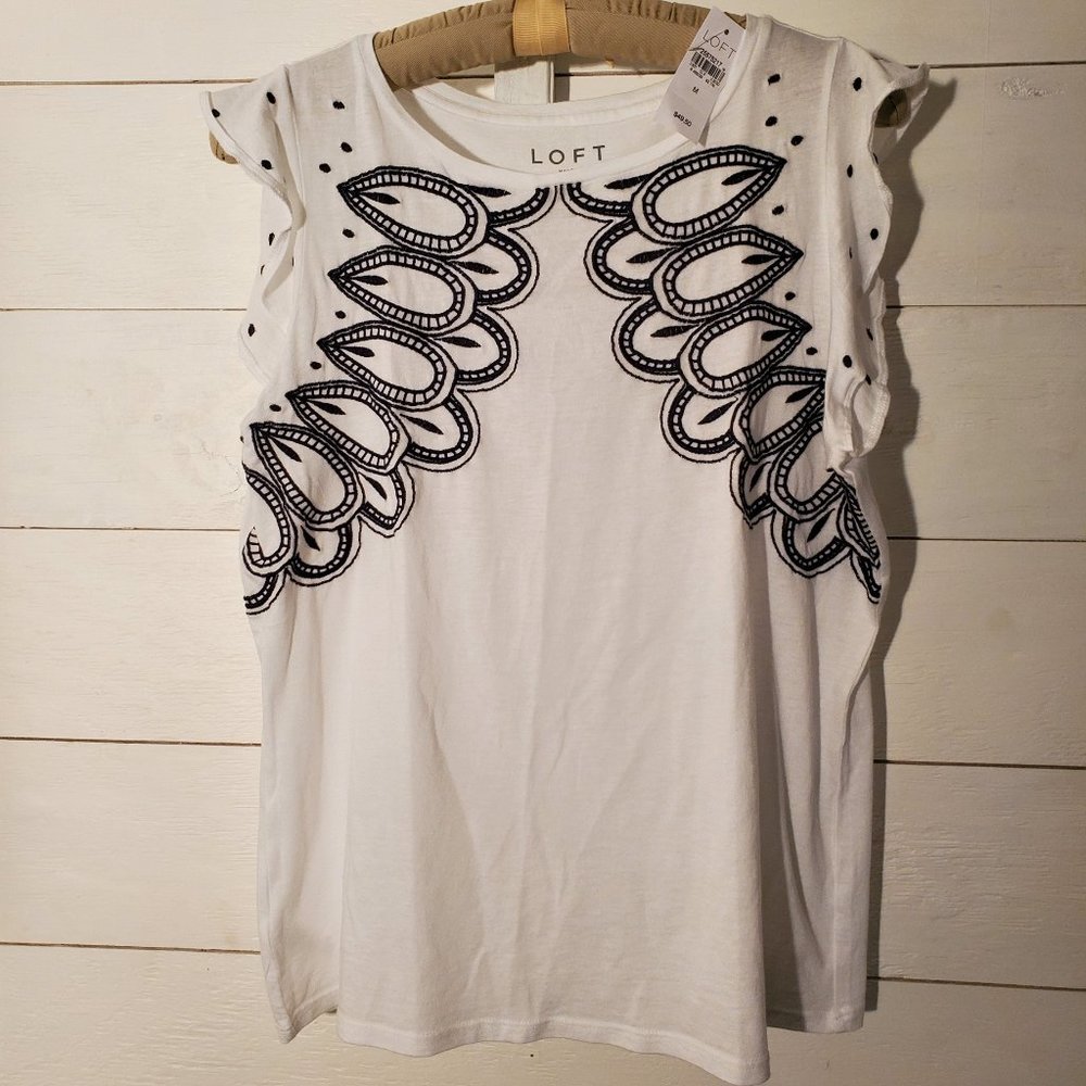 Ann Taylor Loft Black White Short Sleeve Sleeveless Embroidered Top New Medium